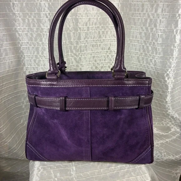 Coach Purple Suede Leather Trimmed Satchel Handbag Purse Designer Bag - Picture 3 of 14